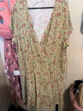 No Boundaries Light Green Floral Wrap Dress with Pink Flowers